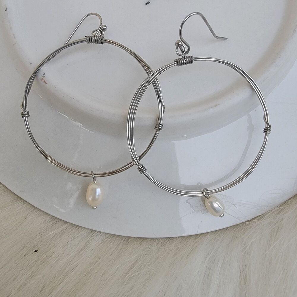 silver hoop earrings with pearl dangle